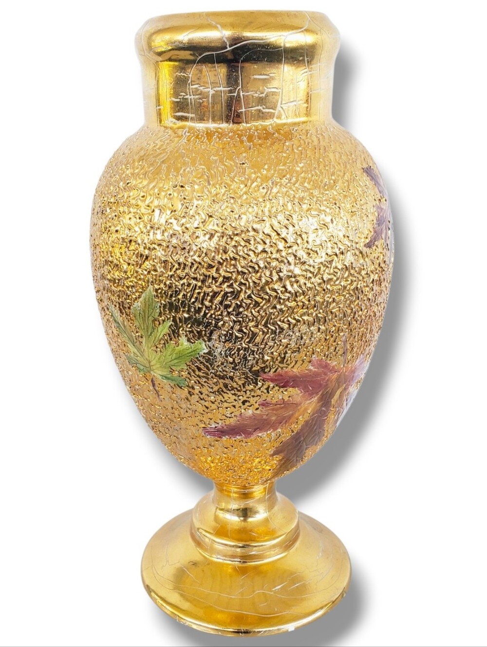 Vintage Gold Crackle Vase Pedestal Hand Painted Centerpiece Leave Amber Tone 10”